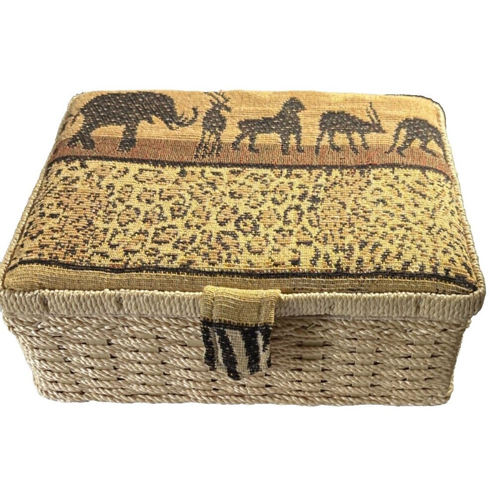 Vintage African Safari-Themed Tapestry Wicker Woven Sewing Basket